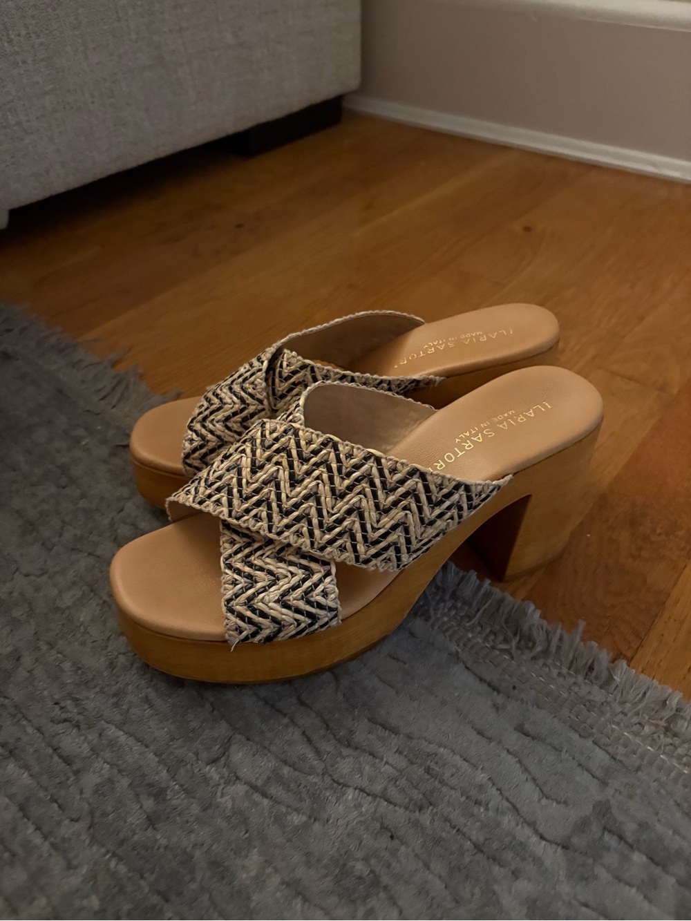 ilaria sartori Tan Platform Slides with Black & Cream Woven Straps